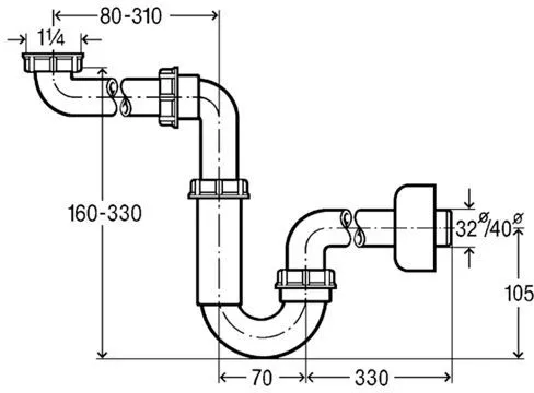 606220 Трубный сифон 1¼ x 32 для экономии места, пластик, модель 5729