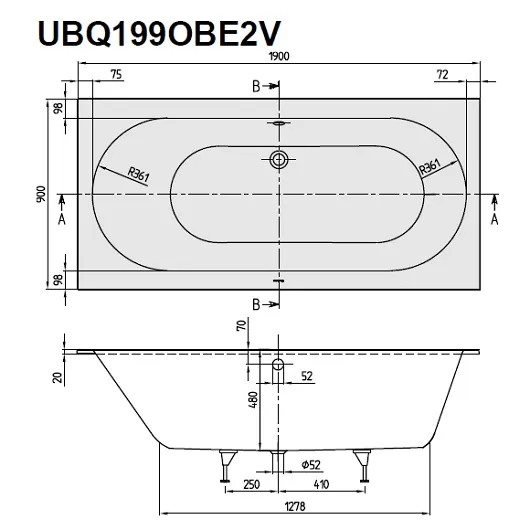 UBQ 199 OBE 2V-01 OBERON Duo Ванна 190x90, с ножками, белая, материал кварил Quaryl®
